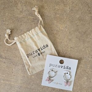 Pura Vida Silver Hoop Earrings with Pink Butterfly Charms